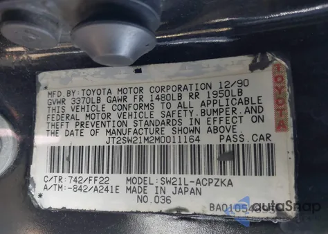 1991 Toyota Mr2 from USA, damaged, VIN JT2SW21M2M0011164